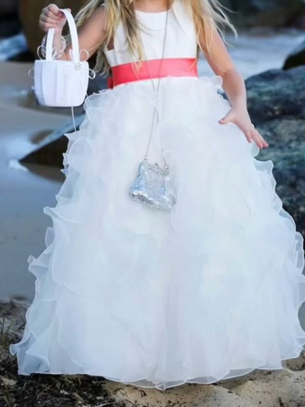 White Ruffled Flower Girl Dress with Coral Sash